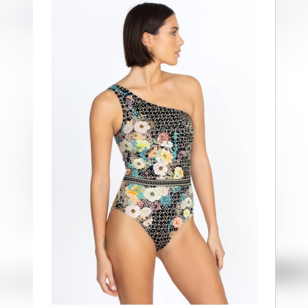 $218 Johnny Was One-Shoulder Floral One-Piece Swimsuit Sz M